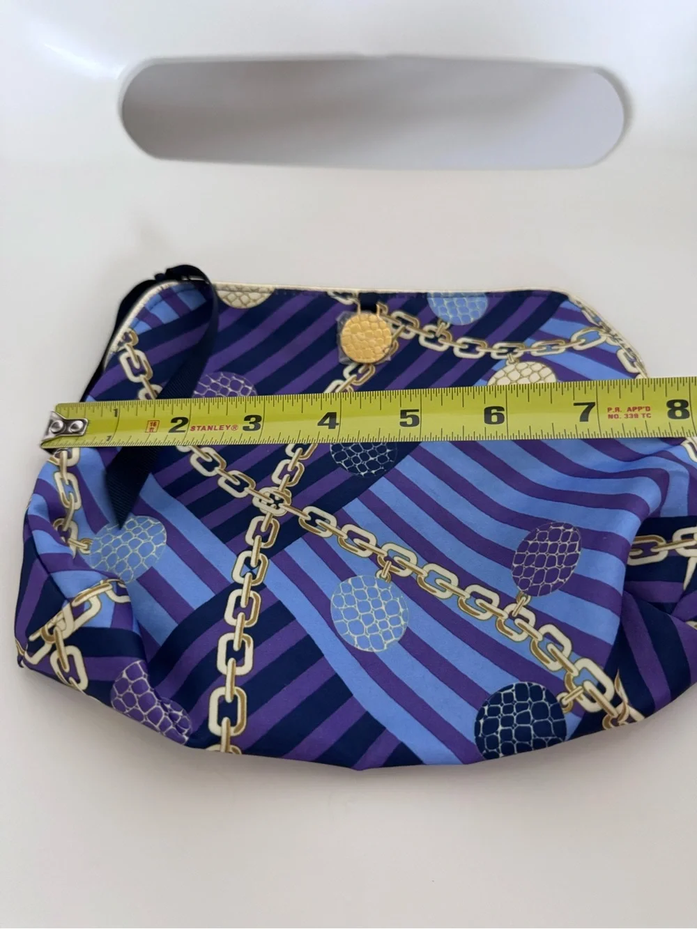Vintage Satin Cosmetic Bag Purple Blue Chain Print Makeup Travel Toiletry Clutch